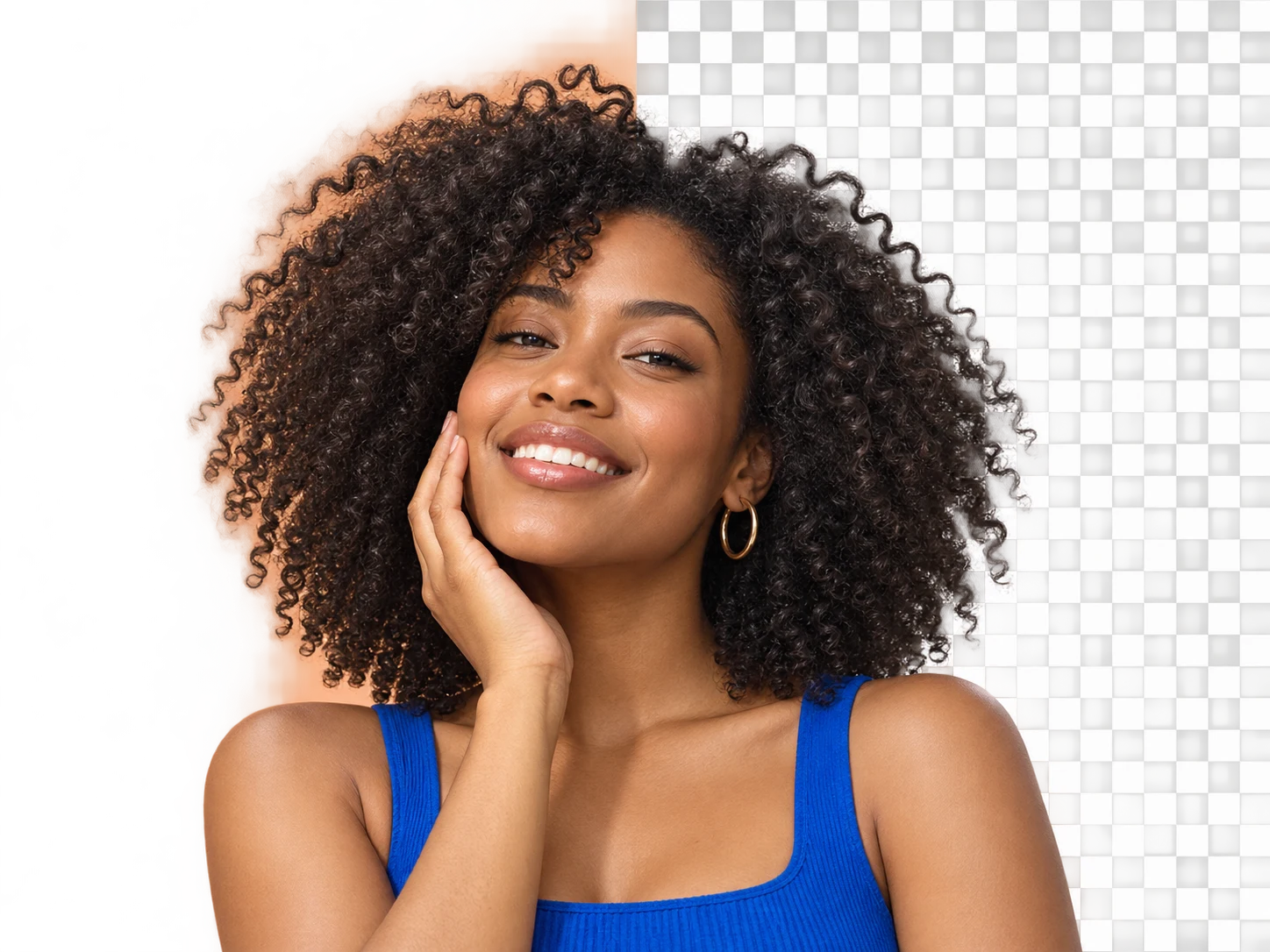 Portrait before and after AI background removal, showing preserved hair and fine details