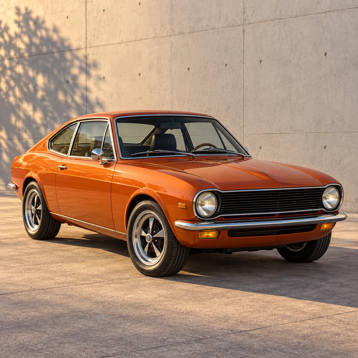 Orange vintage car parked in front of a concrete wall