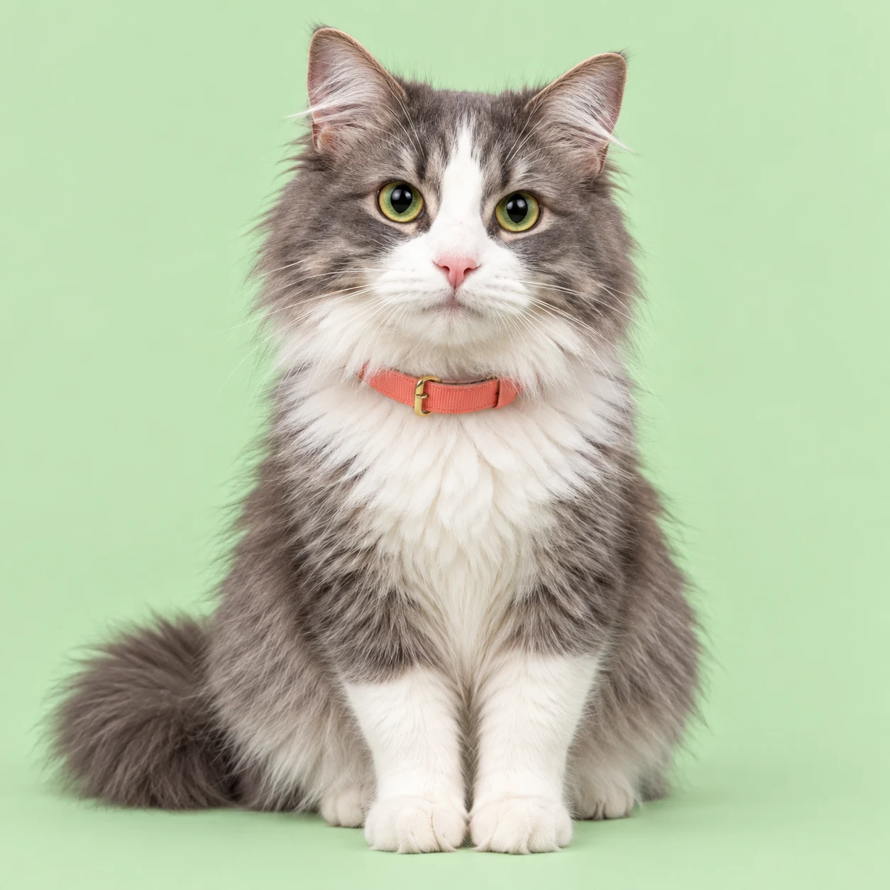 Gray and white cat on a light green background