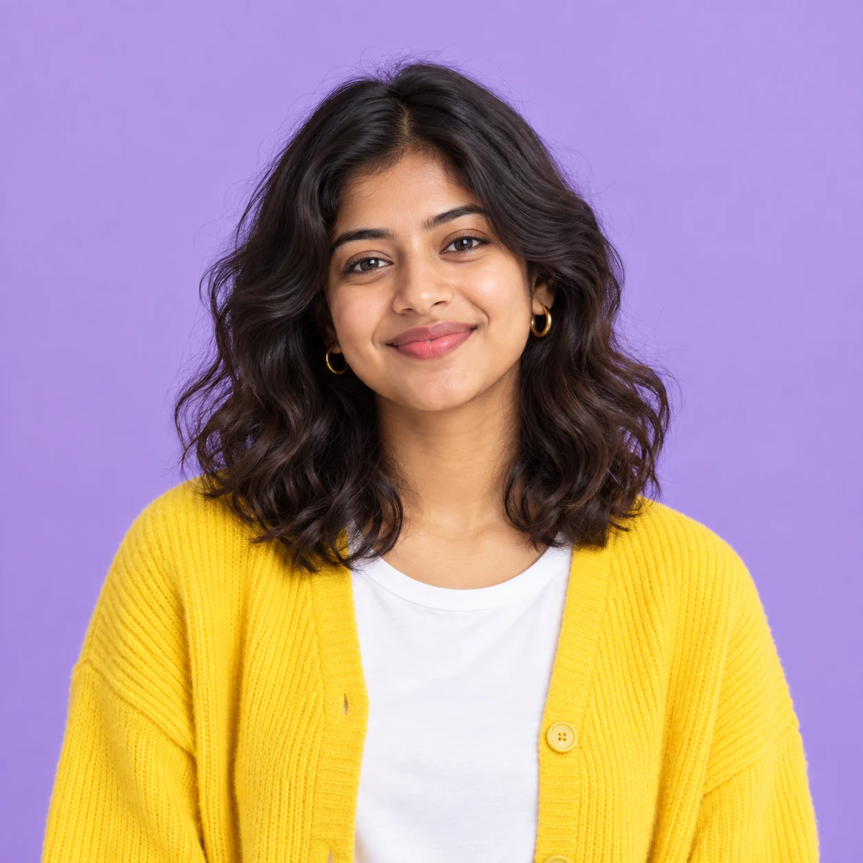 Portrait of a woman in a yellow cardigan on a purple background