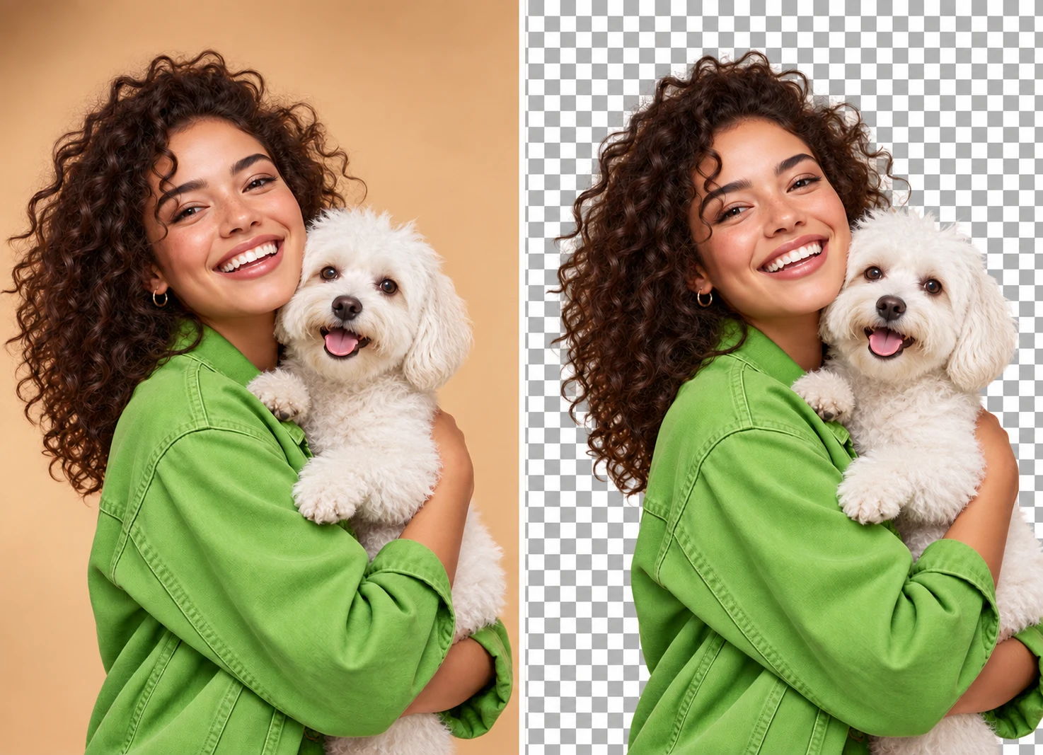 A person and pet with detailed edges shown before and after background removal