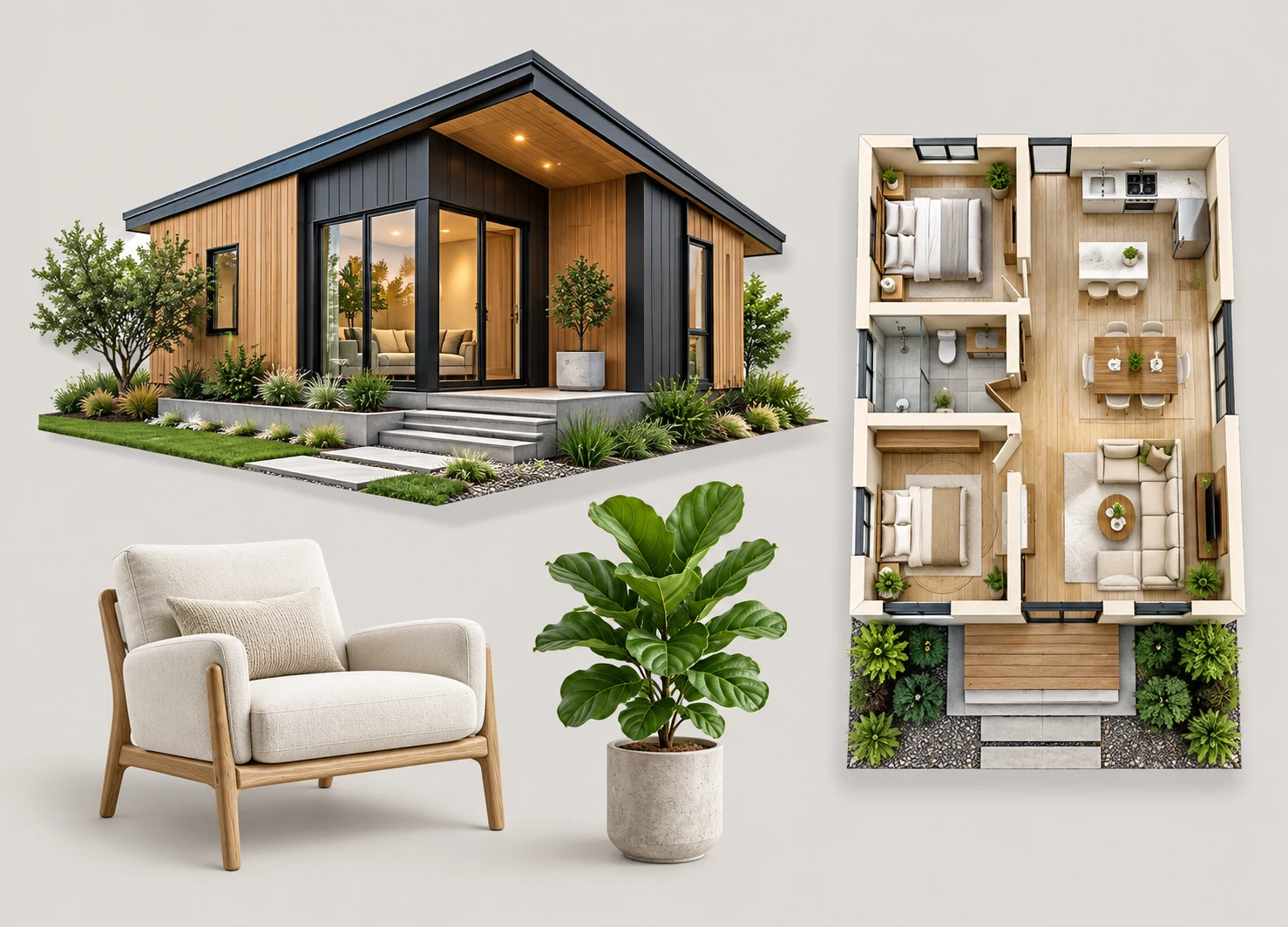 House and floor plan isolated from their backgrounds for real estate marketing